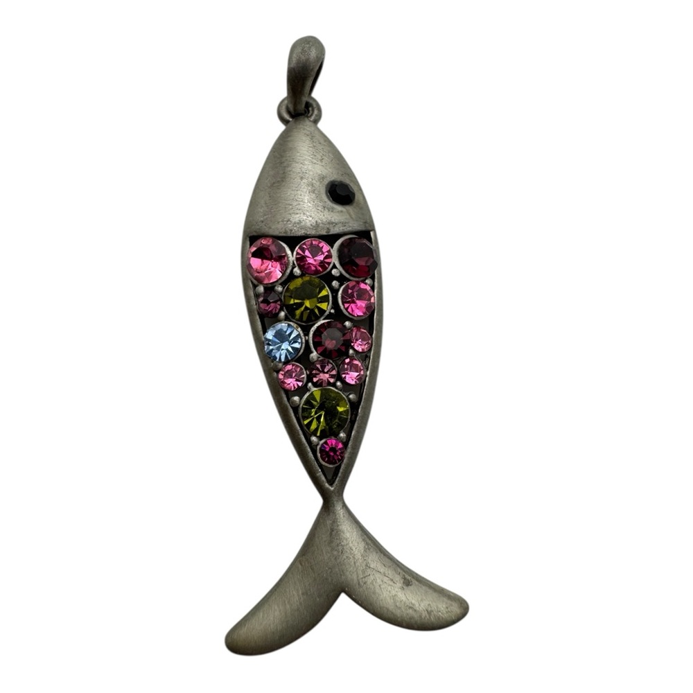 Vintage Fish Pendant Rhinestone Multicolor Crystals 1.5” Silver Tone Jewelry